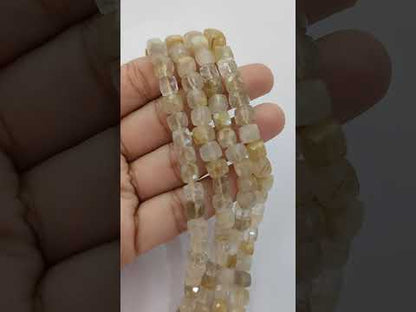 Faceted Golden Rutile Square Cube Beads Natural Gold Rutilated Quartz Gemstone Beads for Handmade Jewelry Making- Selling Per Strand