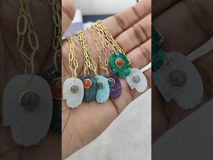 Gold Plated Paperclip Chain Necklace with Hamsa Hand Amazonite Gemstone Pendant Unique Boho Jewelry Gift- Selling Per Piece