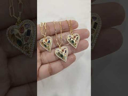 Multicolor CZ Heart Necklace in 18K Gold Filled Handmade Micro Pavé Love Pendant for Women – Selling Per Necklace