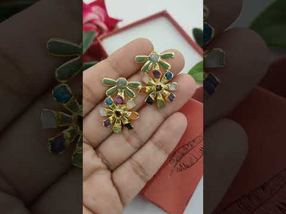Multi-Color Birthstone Flower Stud Earrings Raw Gemstone Bohemian Jewelry Perfect Handmade Gift- Selling Per Pair