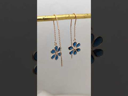 Handmade Blue CZ Threader Earrings Pear Cut Drop Earrings in Rose Gold Plated Sterling Silver