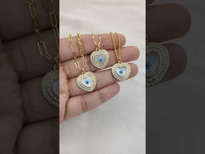 Turkish Evil Eye Heart Necklace for Women, 18K Gold Plated Enamel Pendant with Micropavé Cubic Zirconia, Stylish Boho Protection Jewelry- Selling Per Piece