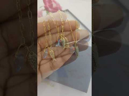 Tanzanite Fish Necklace, Gold Plated Tropical Beach Charm Pendant, Ocean Inspired Layered Jewelry for Women, Handmade Elegant Summer Gift