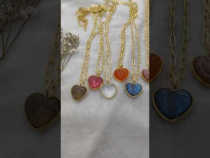 Hand-Carved Heart Gemstone Pendant Necklace with Gold Plated Paperclip Chain Dainty Handmade Jewelry- Selling Per Piece