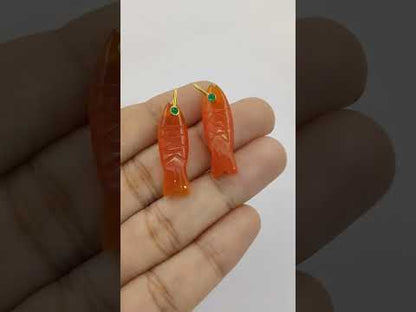 Orange Carnelian Fish Carved Pendant Inlay Gemstone in 925 Sterling Silver, Lucky Animal Charm for DIY Jewellery