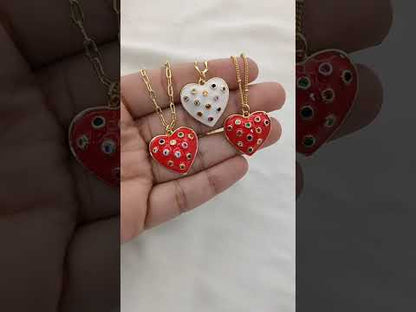 Dainty Handmade Red & White Enamel Heart Necklace with CZ Inlay 18K Gold Plated Love Pendant – Selling Per Piece