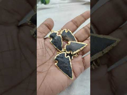 Black Agate Arrowhead Pendant with Gold Plated Edges Tribal Style Gemstone Charm for Handmade Jewelry- Selling Per Piece