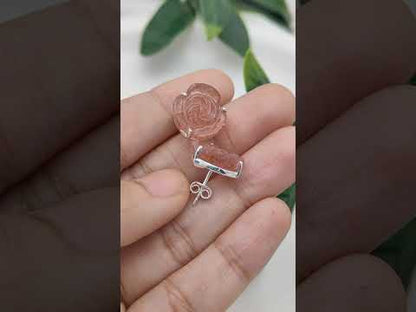 925 Sterling Silver Pink Strawberry Quartz Rose Earrings Handmade Gemstone Floral Studs- Selling Per Pair