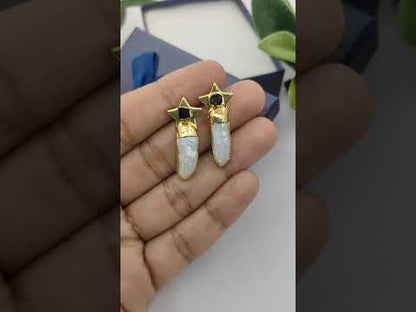 Handmade Black Tourmaline Star Earrings with White Freshwater Pearls Gold Plated Bridal Jewelry- Selling Per Pair