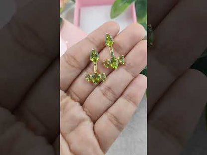 August Birthstone Natural Green Peridot Gemstone Ear Jacket Gold Plated Sterling Silver Handmade Jewelry- Selling Per Pair