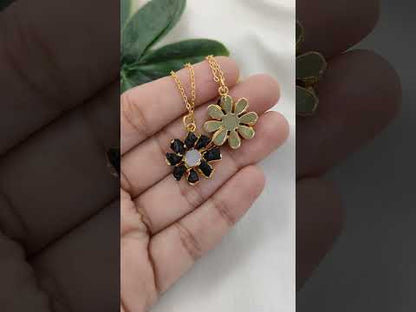 Natural Black Tourmaline Gemstone Necklace Flower Pendant with Rainbow Flash Handmade Jewelry- Selling Per Piece