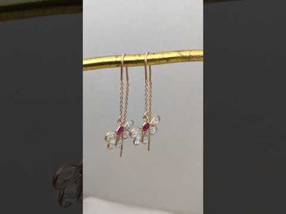 Hot Pink & Clear CZ Threader Earrings Dainty Rose Gold Plated Drop Earrings in Sterling Silver