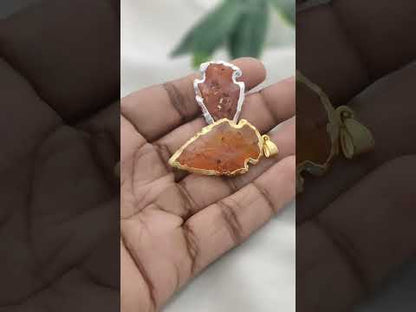 Natural Raw Carnelian Arrowhead Pendant, Tribal Stone Point Charm with Brass Electroplated Edge, DIY Jewelry Making
