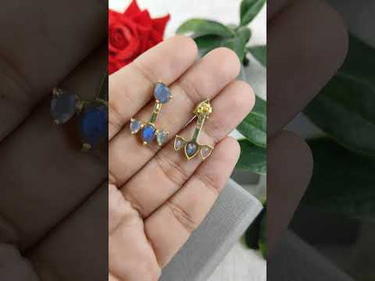 Dainty Blue Fire Natural Labradorite Ear Jacket Pear Shape Gemstone Earrings in Gold Plated Sterling Silver- Selling Per Pair
