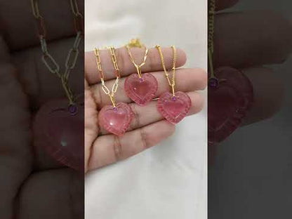 Gold Plated Pink Tourmaline Quartz Heart Necklace Hand Carved Gemstone Pendant with Fancy Pinch Bail Minimalist Layering Jewelry- Selling Per Piece