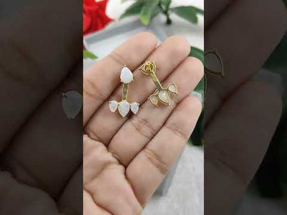 Natural Rainbow Moonstone Ear Jacket Earrings June Birthstone Gold Plated Sterling Silver Jewelry for Women- Selling Per Piece