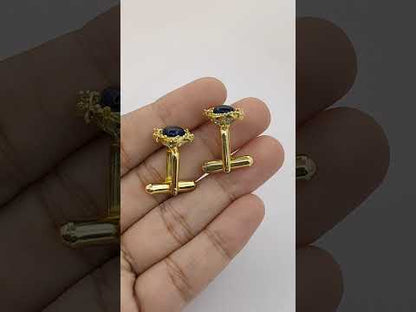 Men’s Luxury Sapphire Quartz Gold Plated Cufflinks Cushion Gemstone Formal Shirt Accessories for Weddings, Business & Groomsmen – Selling Per Pair