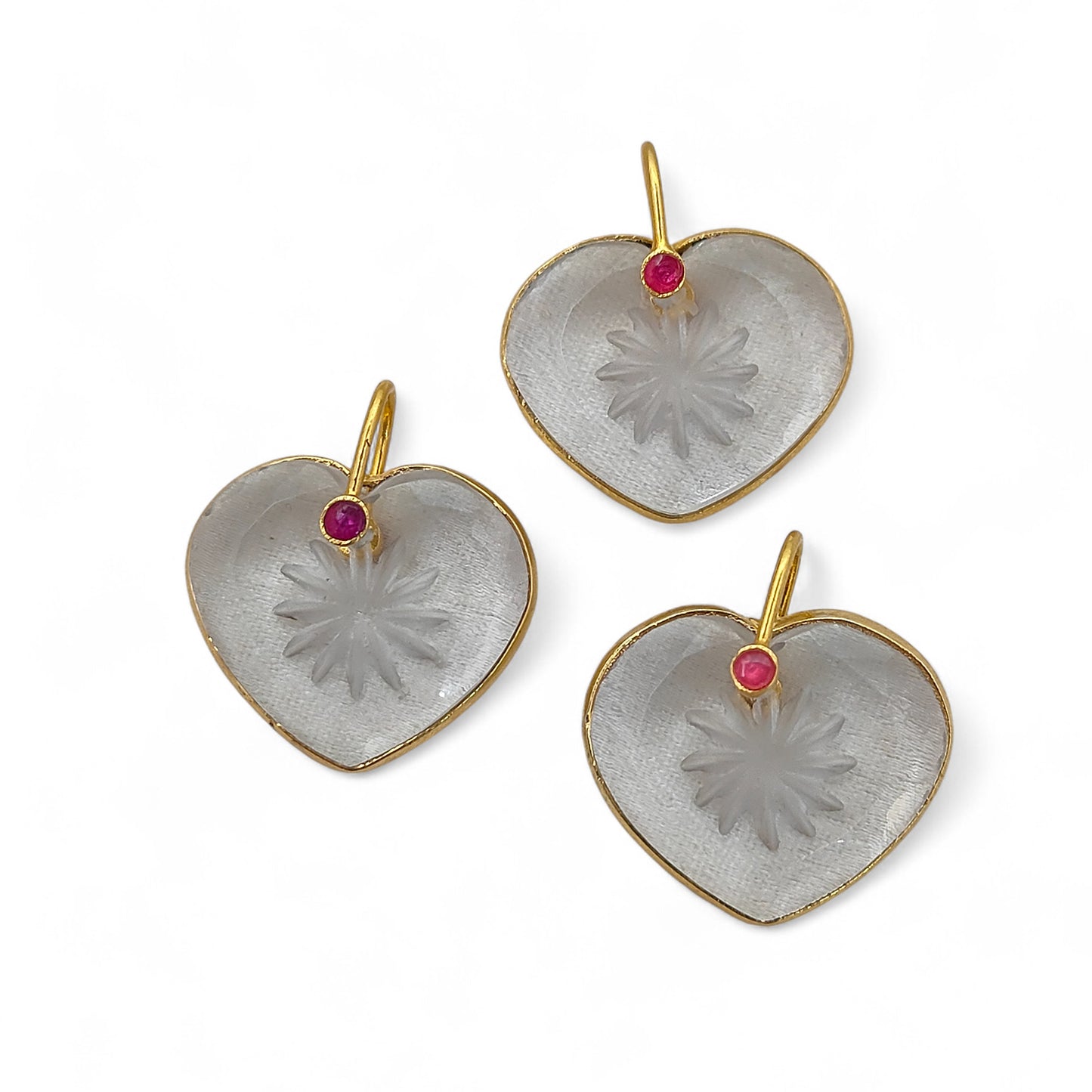 925 Sterling Silver Clear Quartz Heart Pendant with Fancy Pinch Bail Elegant Engraved Crystal Charm for Women- Selling Per Piece