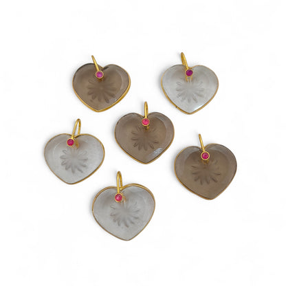 925 Sterling Silver Clear Quartz Heart Pendant with Fancy Pinch Bail Elegant Engraved Crystal Charm for Women- Selling Per Piece