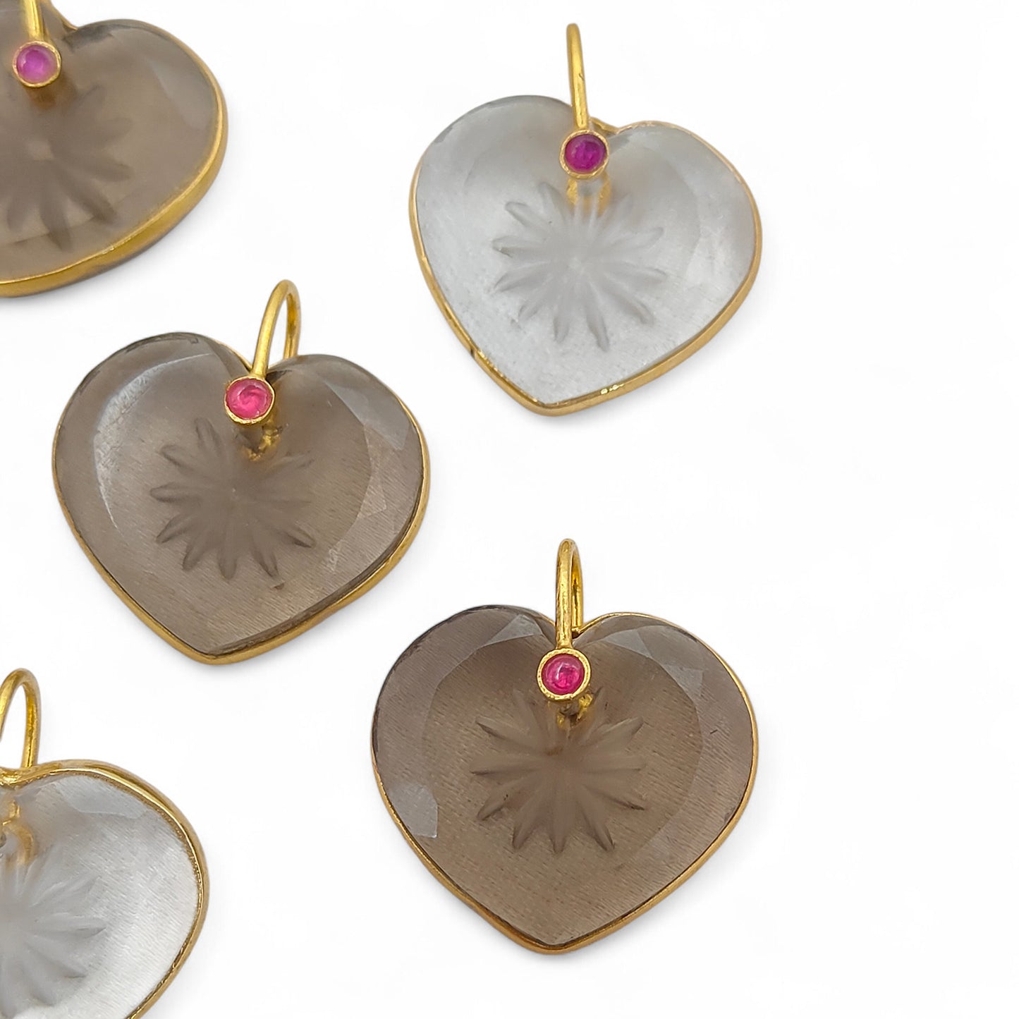 925 Sterling Silver Clear Quartz Heart Pendant with Fancy Pinch Bail Elegant Engraved Crystal Charm for Women- Selling Per Piece