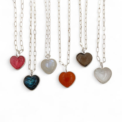 Hand-Carved Heart Gemstone Pendant Necklace with Gold Plated Paperclip Chain Dainty Handmade Jewelry- Selling Per Piece