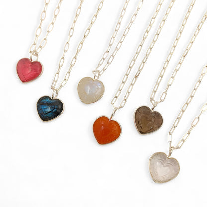 Hand-Carved Heart Gemstone Pendant Necklace with Gold Plated Paperclip Chain Dainty Handmade Jewelry- Selling Per Piece