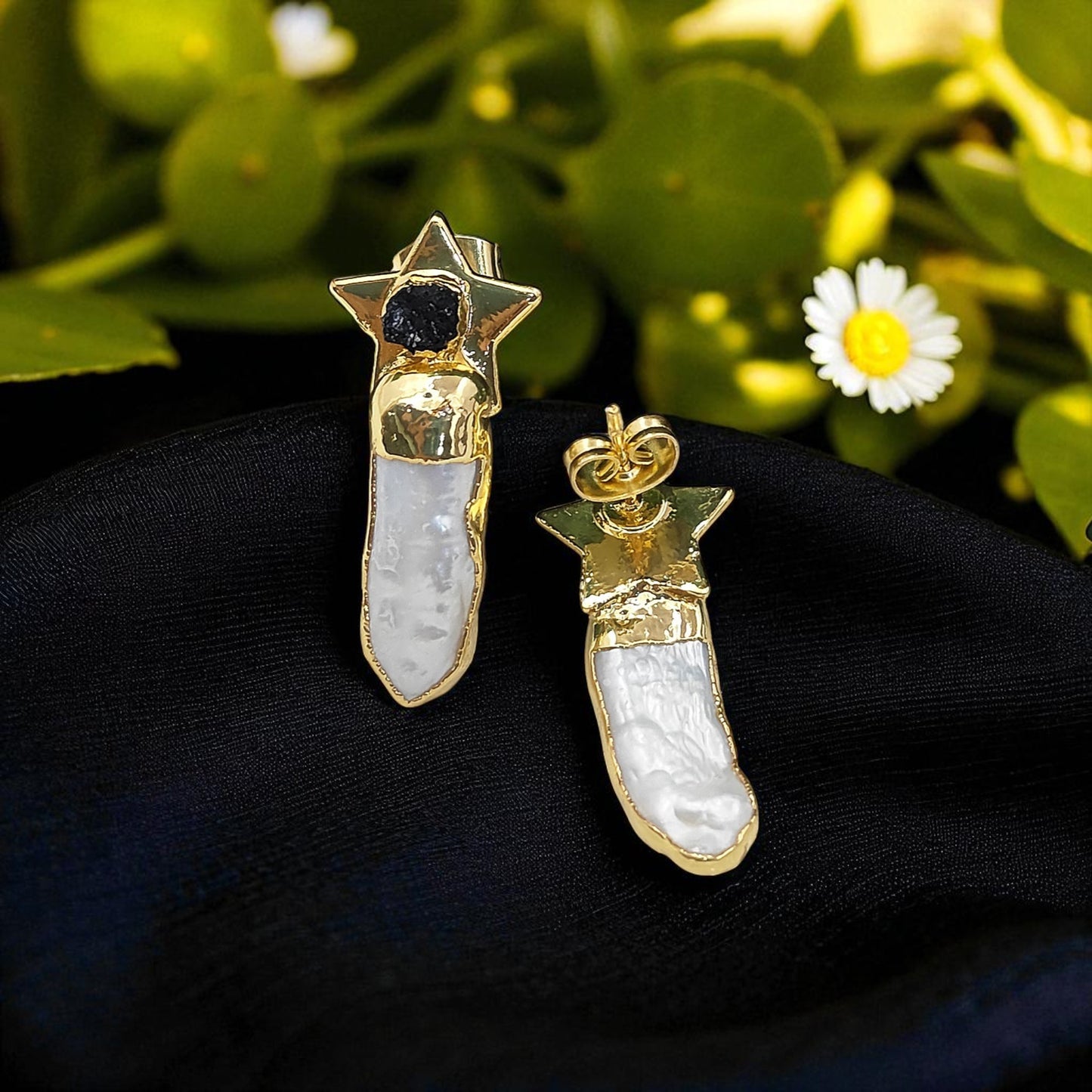 Handmade Black Tourmaline Star Earrings with White Freshwater Pearls Gold Plated Bridal Jewelry- Selling Per Pair